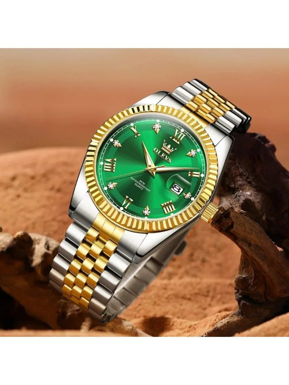 Men's Green Gold Diamond Classic Analog Stainless Steel Waterproof Wrist Watch